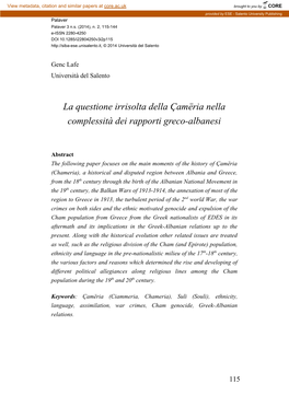 La Questione Irrisolta Della Çamëria Nella Complessità Dei Rapporti Greco-Albanesi