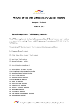 Minutes of the WTF Extraordinary Council Meeting