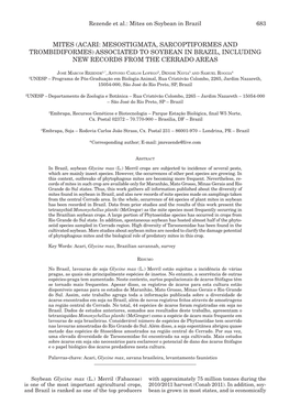 Mites (Acari: Mesostigmata, Sarcoptiformes and Trombidiformes) Associated to Soybean in Brazil, Including New Records from the Cerrado Areas