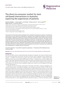The Direct-To-Consumer Market for Stem Cell-Based Interventions in Australia: Exploring the Experiences of Patients