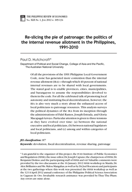 Re-Slicing the Pie of Patronage: the Politics of the Internal Revenue Allotment in the Philippines, 1991-2010