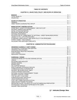 Great Basin Mobilization Guide Table of Contents