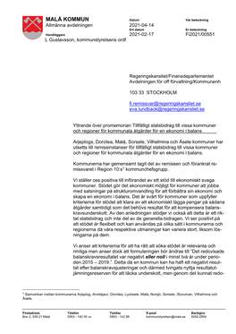 MALÅ KOMMUN Datum Vår Beteckning Allmänna Avdelningen 2021-04-14 Ert Datum Er Beteckning Handläggare 2021-02-17 Fi2021/00551 L Gustavsson, Kommunstyrelsens Ordf