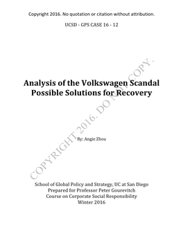 Analysis of the Volkswagen Scandal Possible Solutions for Recovery