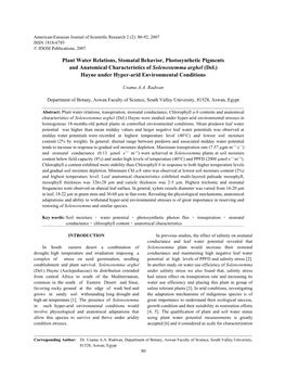 Plant Water Relations, Stomatal Behavior, Photosynthetic