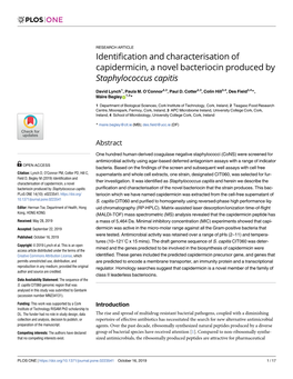 Identification and Characterisation of Capidermicin, a Novel Bacteriocin Produced by Staphylococcus Capitis