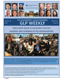 PEO GOVERNMENT LIAISON PROGRAM Volume 13, 2019 GLP WEEKLY Issue 32 THREE MPPS SPEAK at SUCCESSFUL PEO GLP ACADEMY and CONGRESS at PEO HEADQUARTERS