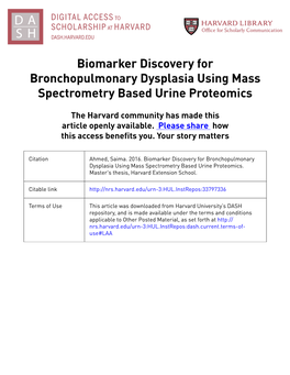 Biomarker Discovery for Bronchopulmonary Dysplasia Using Mass Spectrometry Based Urine Proteomics
