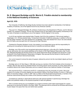 Dr. E. Margaret Burbidge and Dr. Morris E. Friedkin Elected to Membership in the National Academy of Sciences