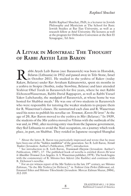 The Thought of Rabbi Aryeh Leib Baron
