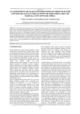 An Assessment of Lead Contamination on Ground Water and Soil Quality in the Vicinity of Industrial Area of Barnala City (Punjab, India)