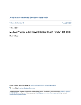 Medical Practice in the Harvard Shaker Church Family 1834-1843