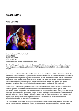 James Last 2013 Veranstaltungsort Westfalenhalle Einlass 18:00