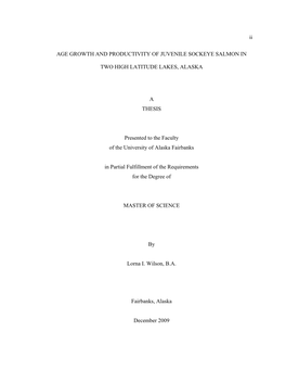 Age, Growth and Productivity of Juvenile Sockeye Salmon in Two