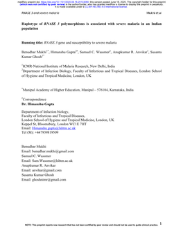 Haplotype of RNASE 3 Polymorphisms Is Associated with Severe Malaria in an Indian Population