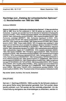 Nachtrage Zum "Katalog Der Schweizerischen Spinnen" • 2