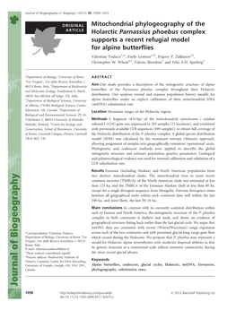 Mitochondrial Phylogeography of the Holarctic Parnassius Phoebus