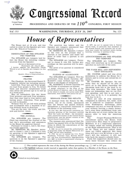 Congressional Record United States Th of America PROCEEDINGS and DEBATES of the 110 CONGRESS, FIRST SESSION