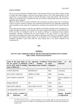 ANNEX a LIST of AIR CARRIERS WHICH ARE BANNED from OPERATING WITHIN the UNION, with EXCEPTIONS Name of the Legal Entity of the A