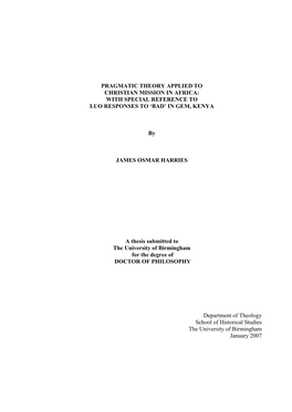 Pragmatic Theory Applied to Christian Mission in Africa: with Special Reference to Luo Responses to ‘Bad’ in Gem, Kenya