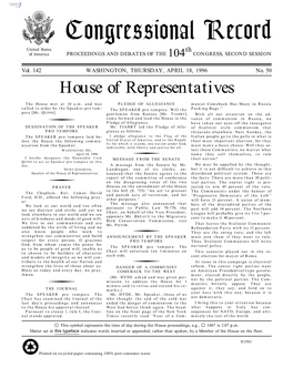 Congressional Record United States Th of America PROCEEDINGS and DEBATES of the 104 CONGRESS, SECOND SESSION