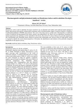 Pharmacognostic and Phytochemical Studies on Hemidesmus Indicus and Its Substitute Decalepis Hamiltonii – Review
