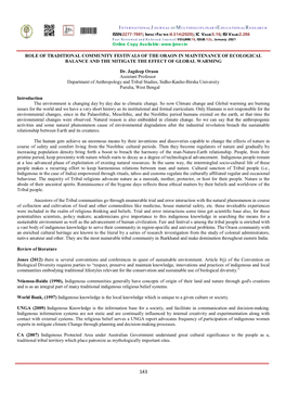 Role of Traditional Community Festivals of the Oraon in Maintenance of Ecological Balance and the Mitigate the Effect of Global Warming