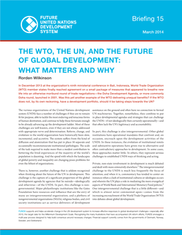 THE WTO, the UN, and the FUTURE of GLOBAL DEVELOPMENT: WHAT MATTERS and WHY Rorden Wilkinson