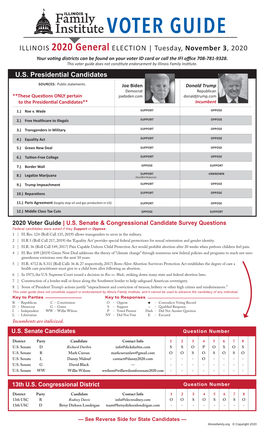 VOTER GUIDE ILLINOIS 2020 General ELECTION | Tuesday, November 3, 2020 Your Voting Districts Can Be Found on Your Voter ID Card Or Call the IFI Office 708-781-9328