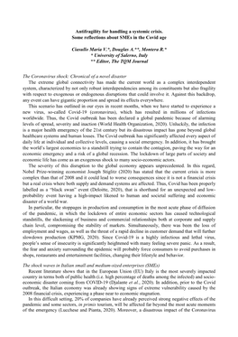 Antifragility for Handling a Systemic Crisis. Some Reflections About Smes in the Covid Age Ciasullo Maria V.*, Douglas A.**, M