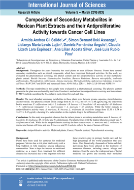 Composition of Secondary Metabolites in Mexican Plant Extracts and Their Antiproliferative Activity Towards Cancer Cell Lines