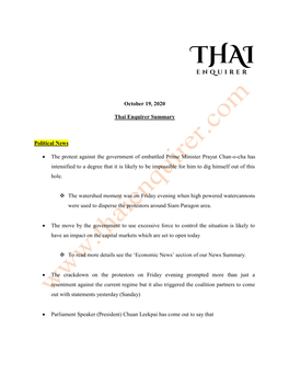 October 19, 2020 Thai Enquirer Summary Political News • The