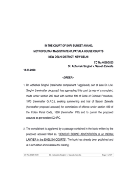 IN the COURT of SHRI SUMEET ANAND, METROPOLITAN MAGISTRATE­07, PATIALA HOUSE COURTS NEW DELHI DISTRICT: NEW DELHI CC No.4629/2020 Dr