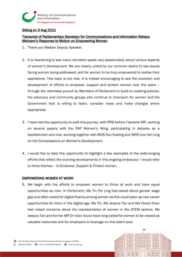 Sitting on 3 Aug 2021 Transcript of Parliamentary Secretary for Communications and Information Rahayu Mahzam's Response To