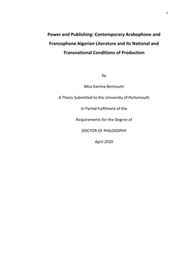 Contemporary Arabophone and Francophone Algerian Literature and Its National and Transnational Conditions of Production