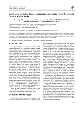 Cryptocarya Sheikelmudiyana (Lauraceae), a New Species from the Western Ghats in Kerala, India