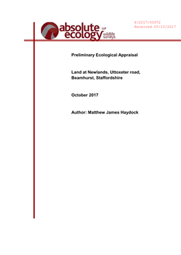 Preliminary Ecological Appraisal Land at Newlands, Uttoxeter Road, Beamhurst, Staffordshire October 2017 Author