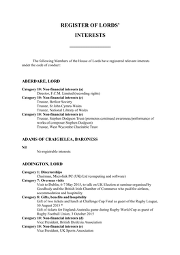 Register of Lords' Interests