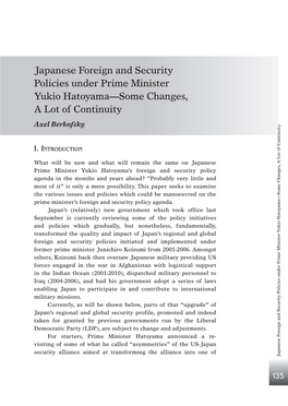 Japanese Foreign and Security Policies Under Prime Minister Yukio Hatoyama—Some Changes, a Lot of Continuity Axel Berkofsky