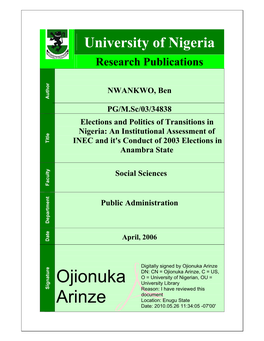Elections and Politics of Transitions in Nigeria: an Institutional Assessment Of