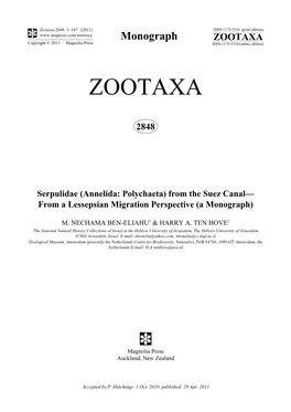 From the Suez Canal—From a Lessepsian Migration Perspective (A Monograph) (Zootaxa 2848) 147 Pp.; 30 Cm