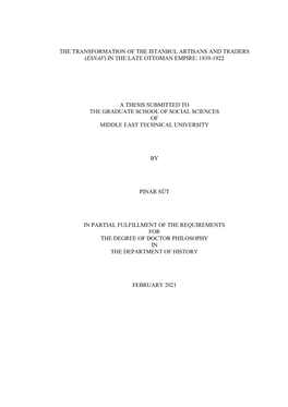 (Esnaf) in the Late Ottoman Empire: 1839-1922 a Thesis