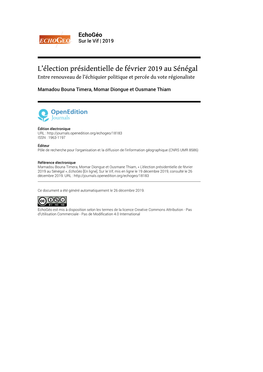 Echogéo , Sur Le Vif L’Élection Présidentielle De Février 2019 Au Sénégal 2