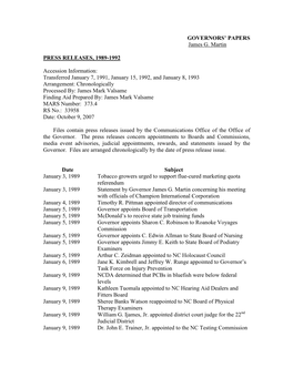 GOVERNORS' PAPERS James G. Martin PRESS RELEASES, 1989-1992 Accession Information