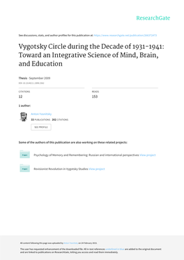 Vygotsky Circle During the Decade of 1931-1941: Toward an Integrative Science of Mind, Brain, and Education