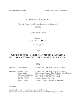 Thesis Final Report Louise Penna Poubel Title WHOLE-BODY ONLINE HUMAN MOTION IMITATION by a HUMANOID ROBOT USING TASK SPECIFICAT