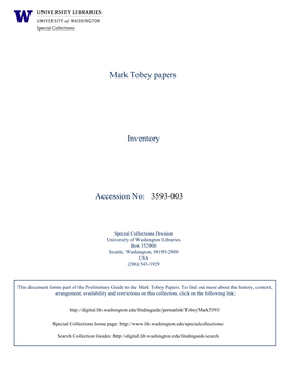 3593-003 Mark Tobey Papers Inventory Accession