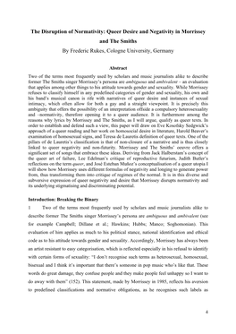 Queer Desire and Negativity in Morrissey and the Smiths by Frederic Rukes, Cologne University, Germany