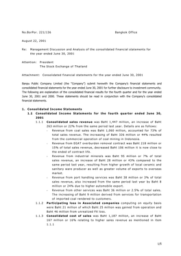 Management Discussion and Analysis of the Consolidated Financial Statements for the Year Ended June 30, 2001