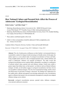 How National Culture and Parental Style Affect the Process of Adolescents’ Ecological Resocialization